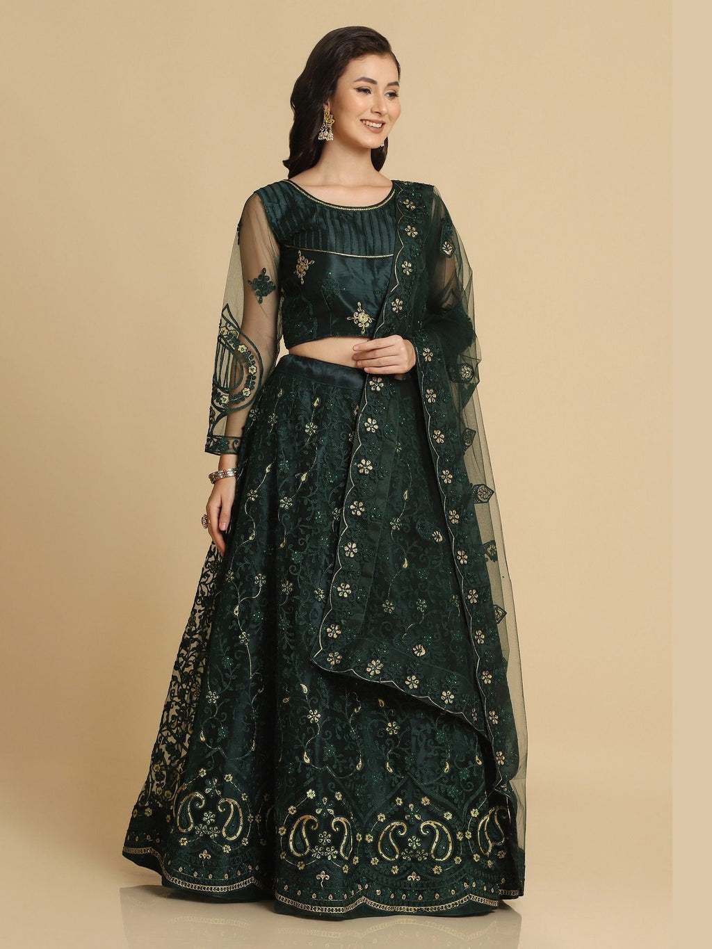 Elegant Emerald Green Party & Festive Wear Semi-Stitched Net Lehenga Choli with Floral Embroidered Work