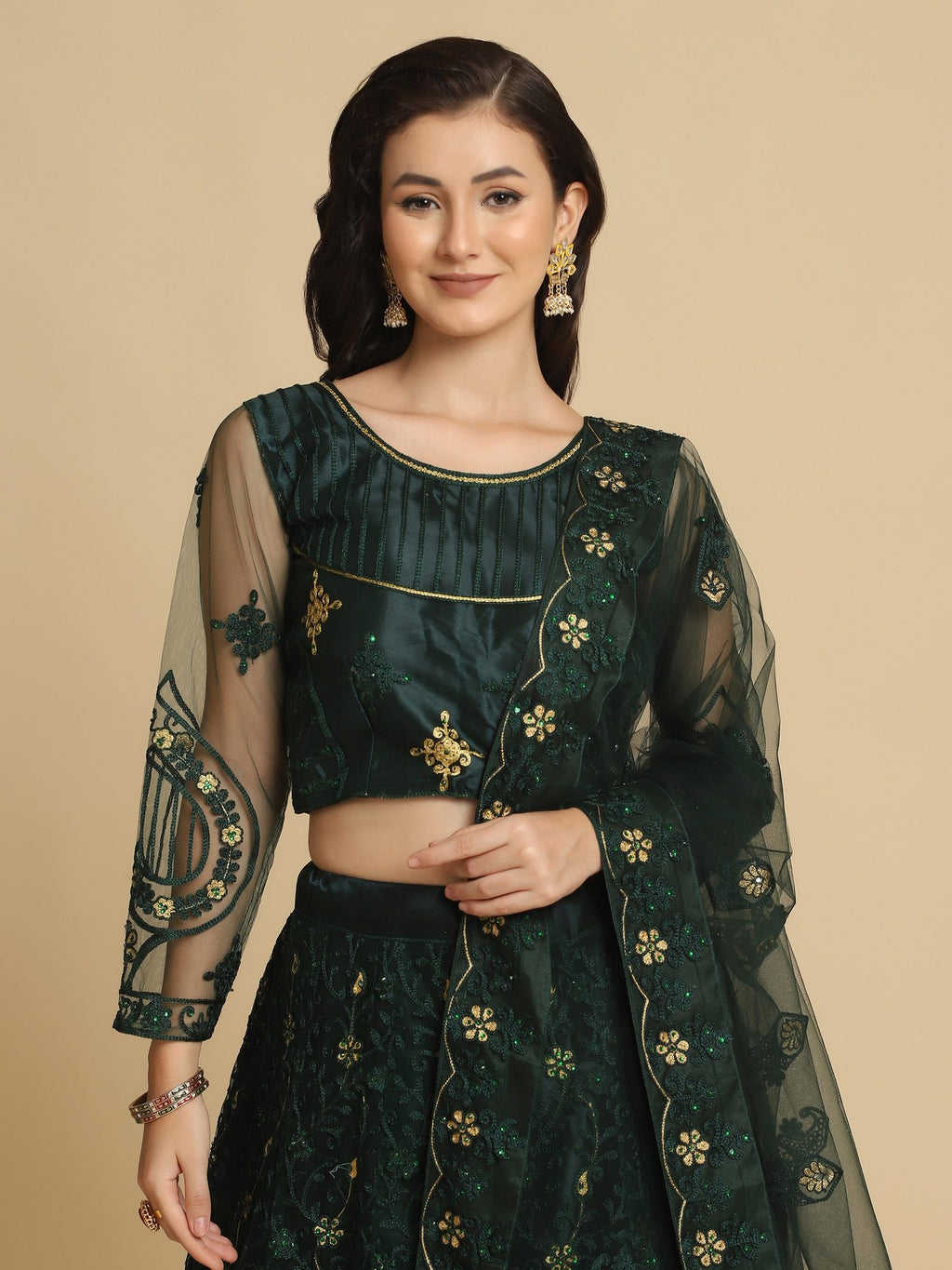 Elegant Emerald Green Party & Festive Wear Semi-Stitched Net Lehenga Choli with Floral Embroidered Work