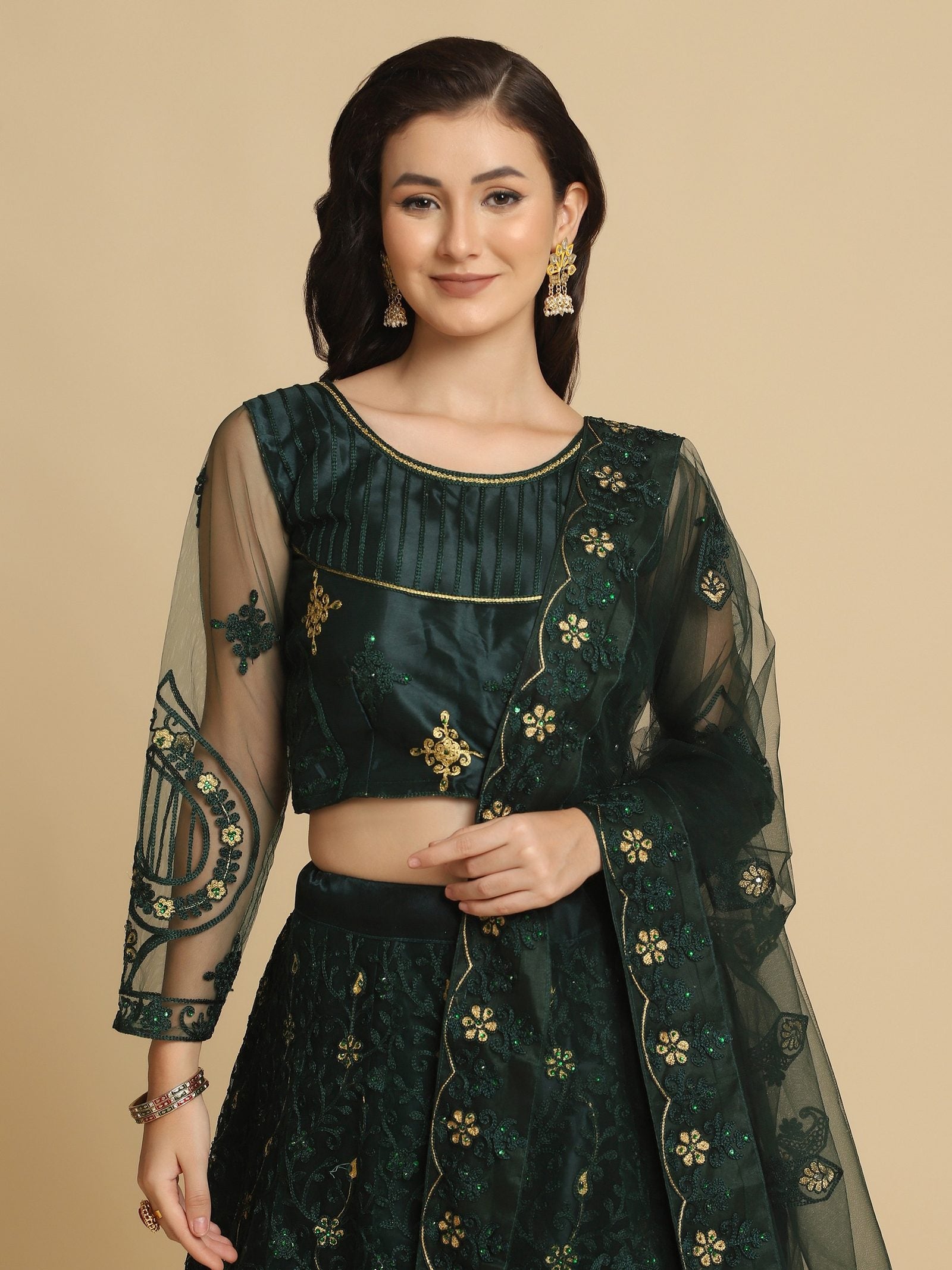 Elegant Emerald Green Party & Festive Wear Semi-Stitched Net Lehenga Choli with Floral Embroidered Work
