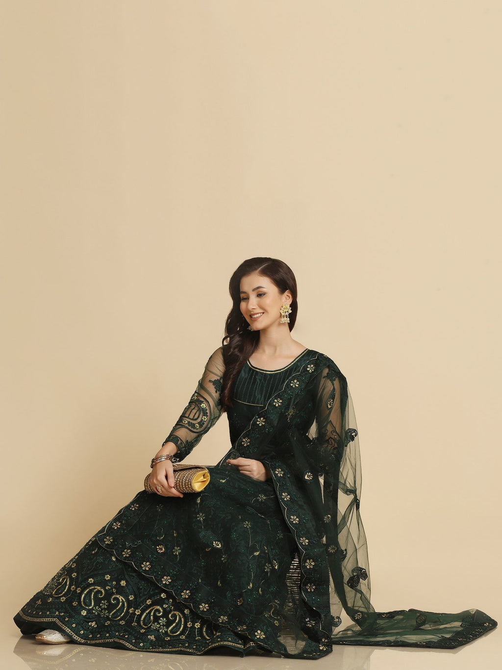 Elegant Emerald Green Party & Festive Wear Semi-Stitched Net Lehenga Choli with Floral Embroidered Work