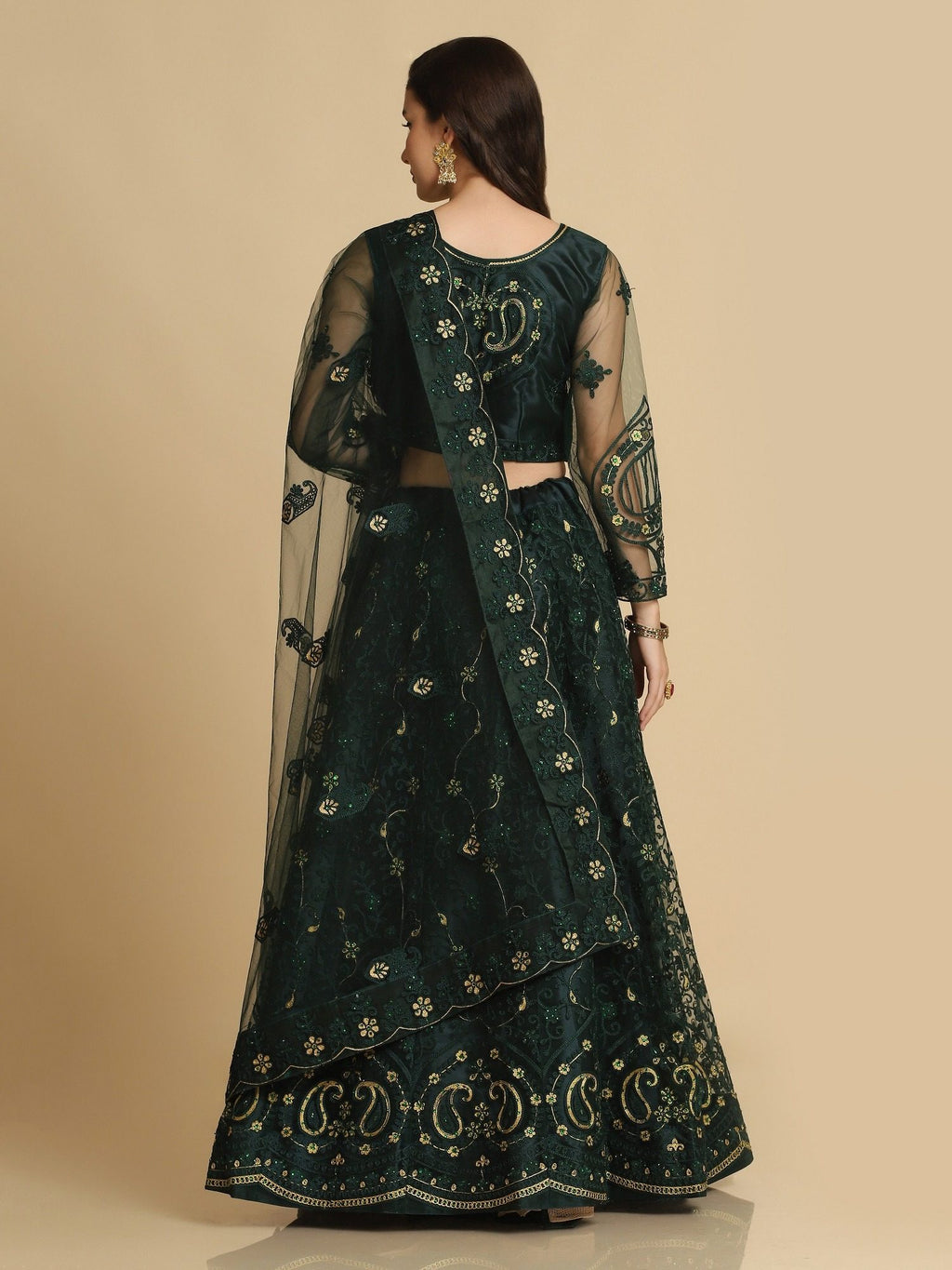 Elegant Emerald Green Party & Festive Wear Semi-Stitched Net Lehenga Choli with Floral Embroidered Work