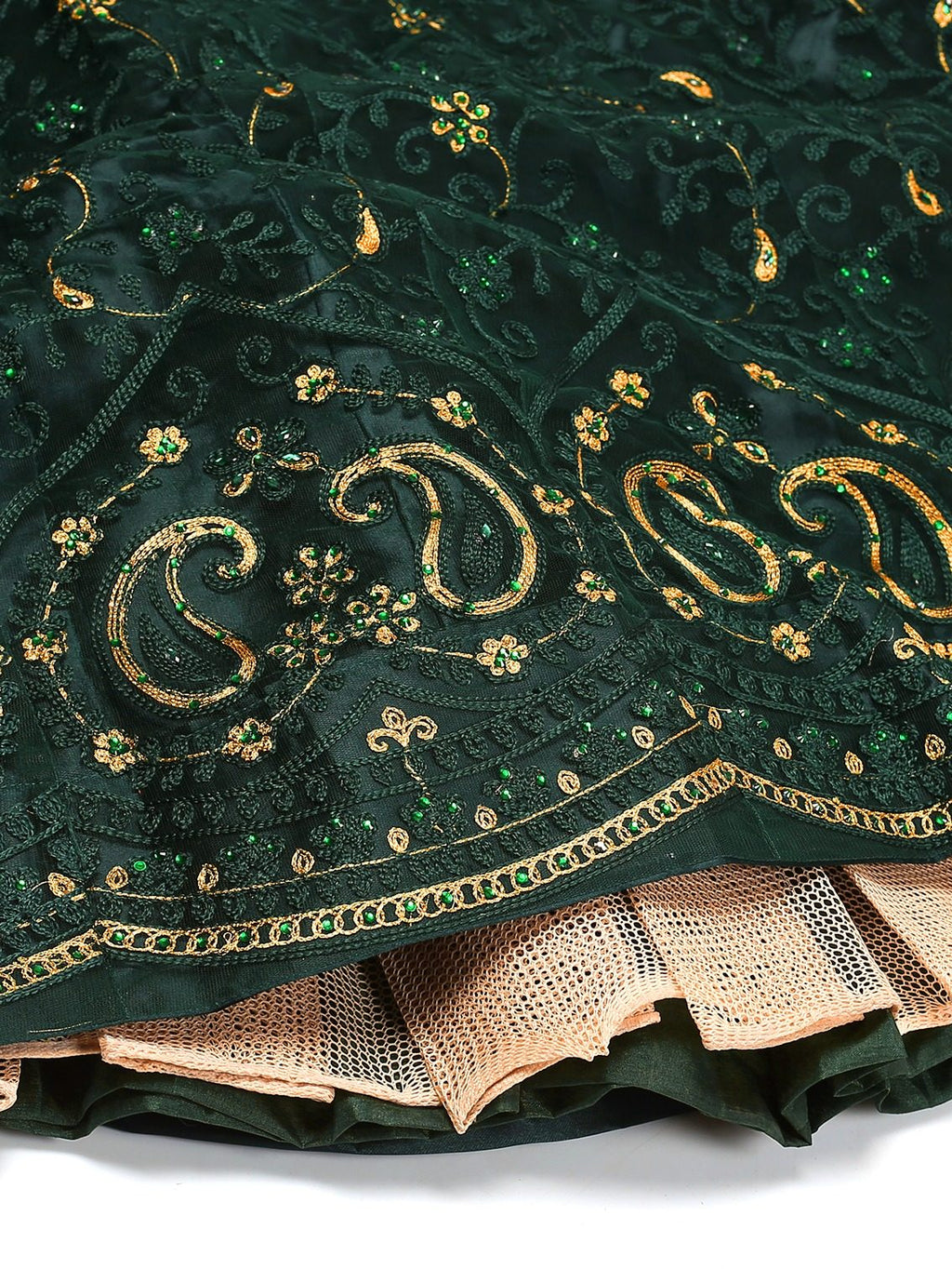 Elegant Emerald Green Party & Festive Wear Semi-Stitched Net Lehenga Choli with Floral Embroidered Work