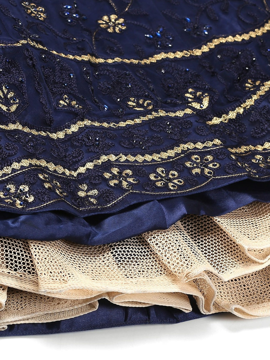 Navy Blue Festive Wear Semi-Stitched Net Lehenga Choli with Floral Motifs Thread Embroidered Work