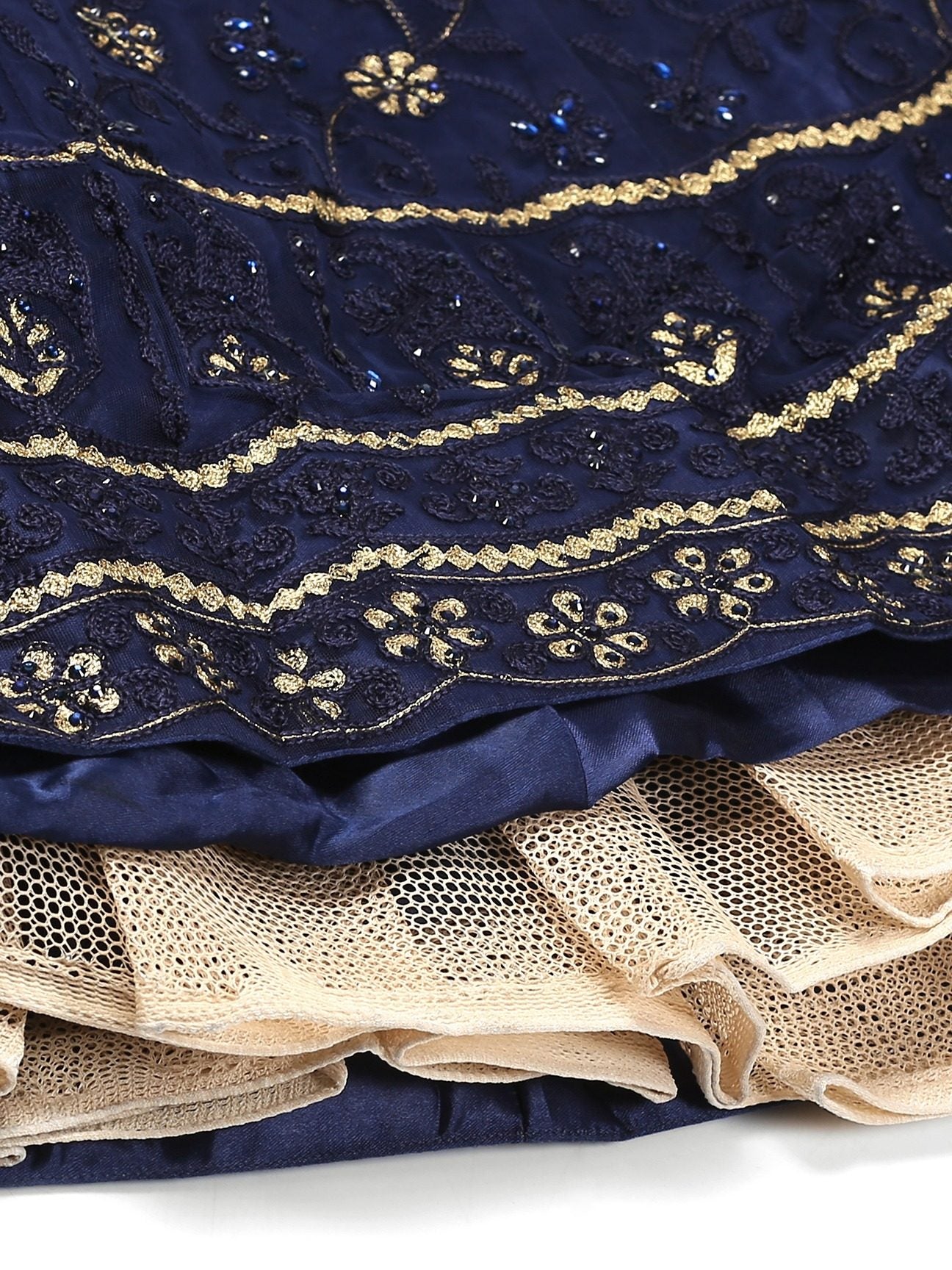 Navy Blue Festive Wear Semi-Stitched Net Lehenga Choli with Floral Motifs Thread Embroidered Work