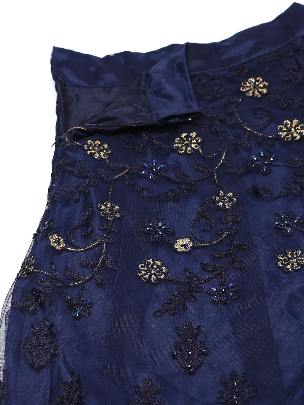 Navy Blue Festive Wear Semi-Stitched Net Lehenga Choli with Floral Motifs Thread Embroidered Work