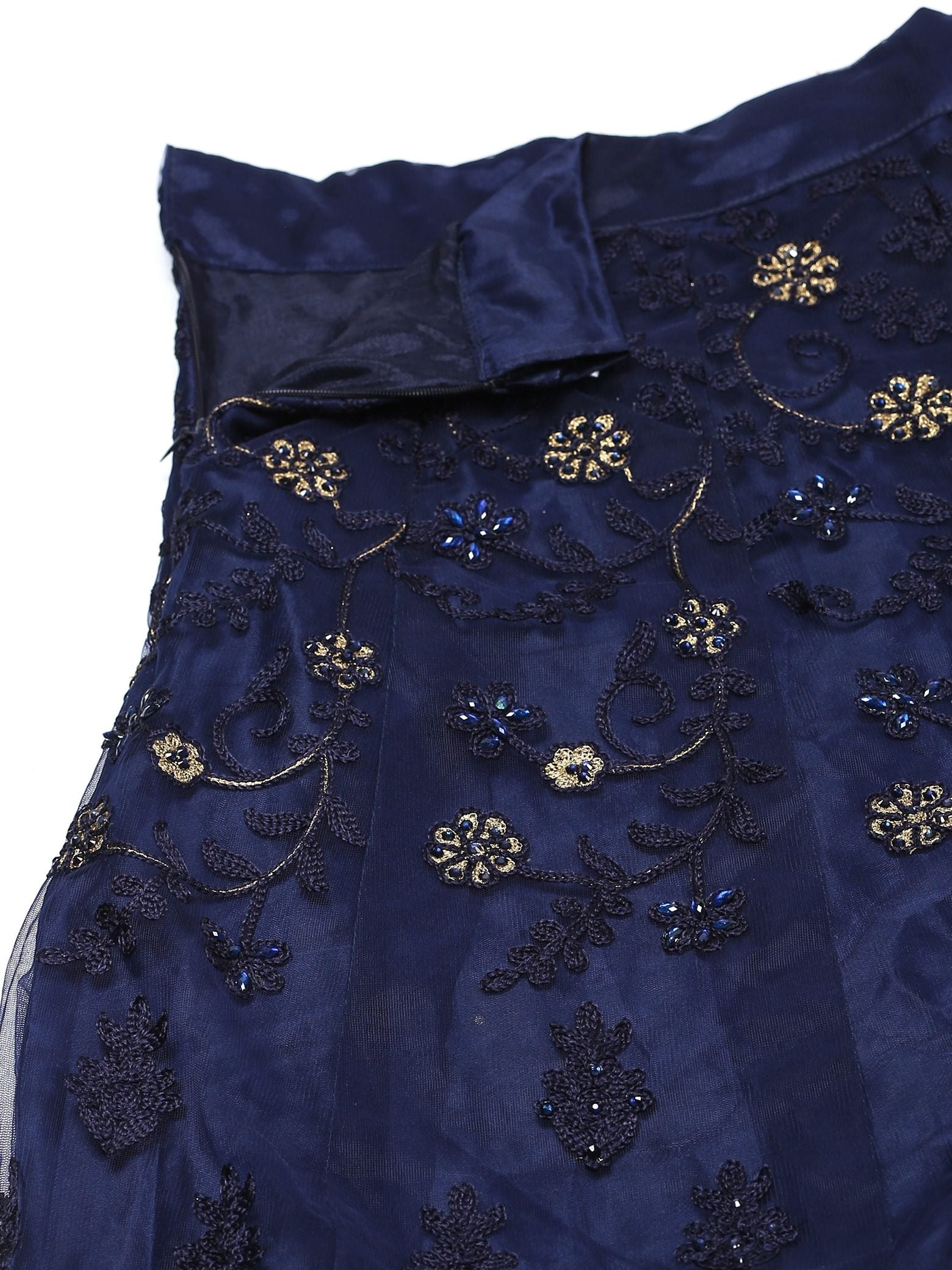 Navy Blue Festive Wear Semi-Stitched Net Lehenga Choli with Floral Motifs Thread Embroidered Work