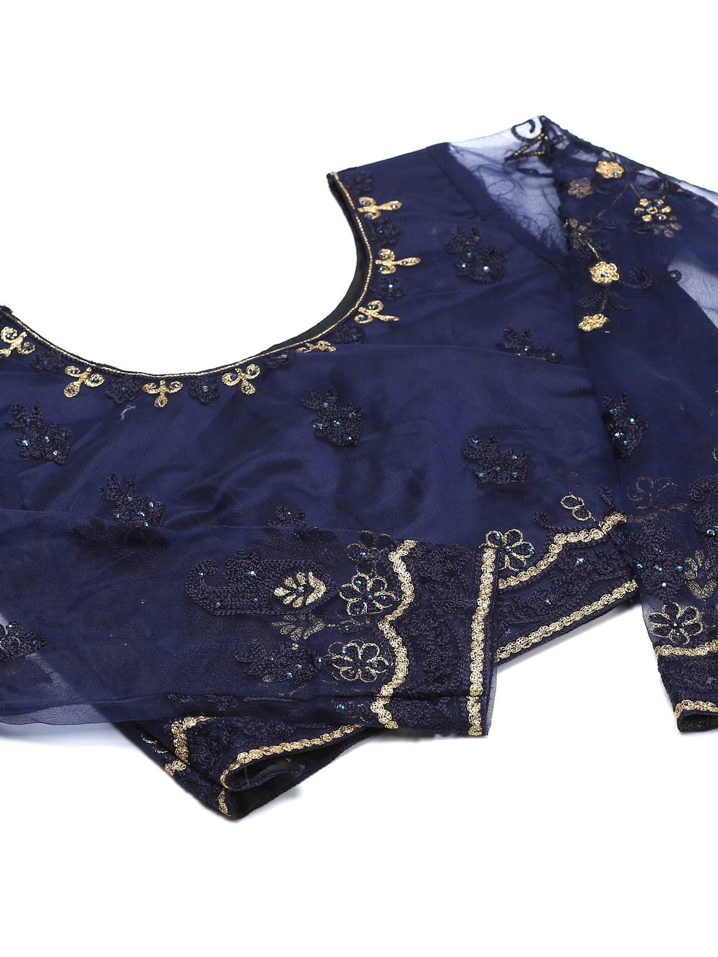 Navy Blue Festive Wear Semi-Stitched Net Lehenga Choli with Floral Motifs Thread Embroidered Work