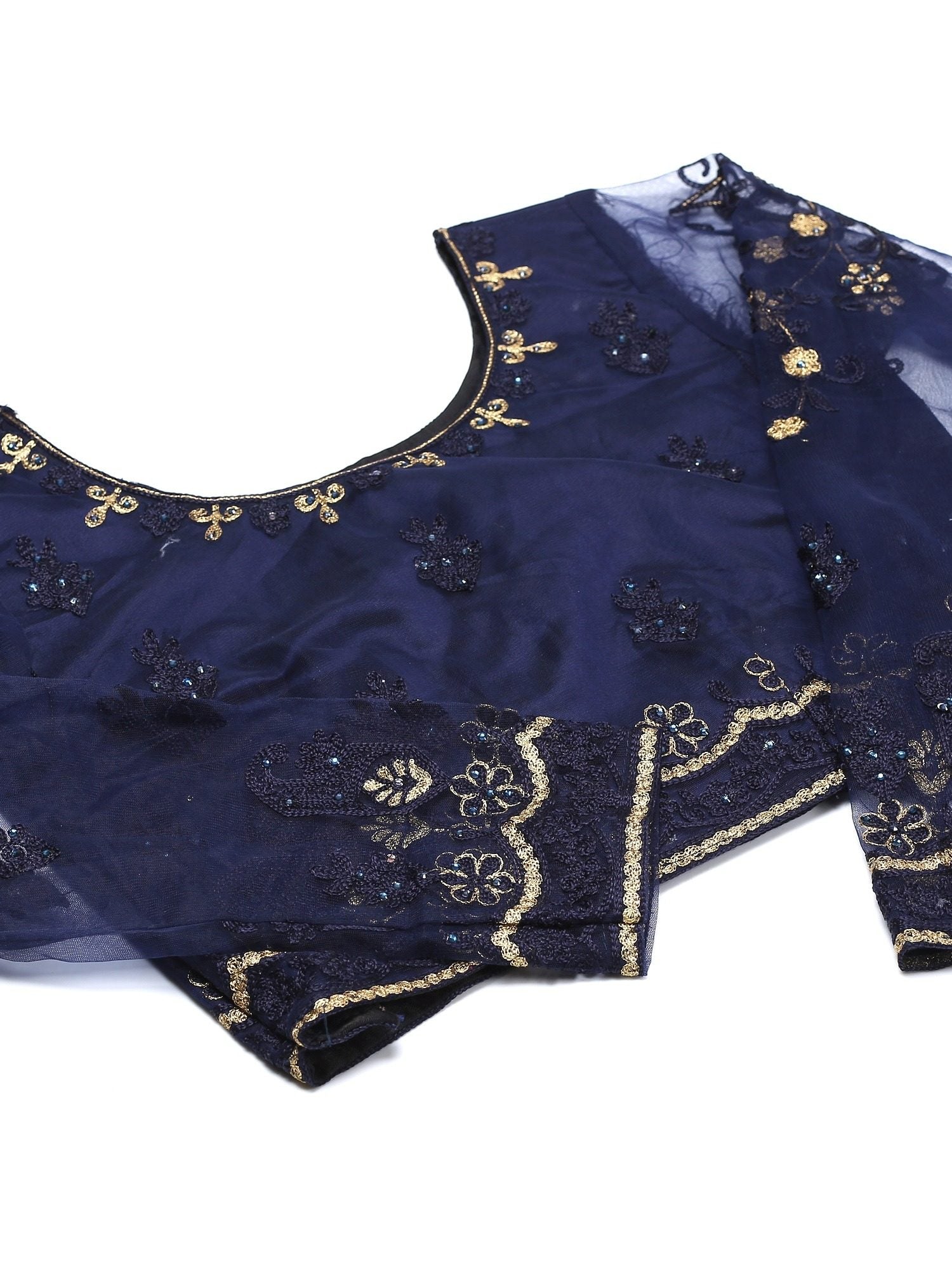 Navy Blue Festive Wear Semi-Stitched Net Lehenga Choli with Floral Motifs Thread Embroidered Work