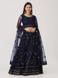 Navy Blue Festive Wear Semi-Stitched Net Lehenga Choli with Floral Motifs Thread Embroidered Work