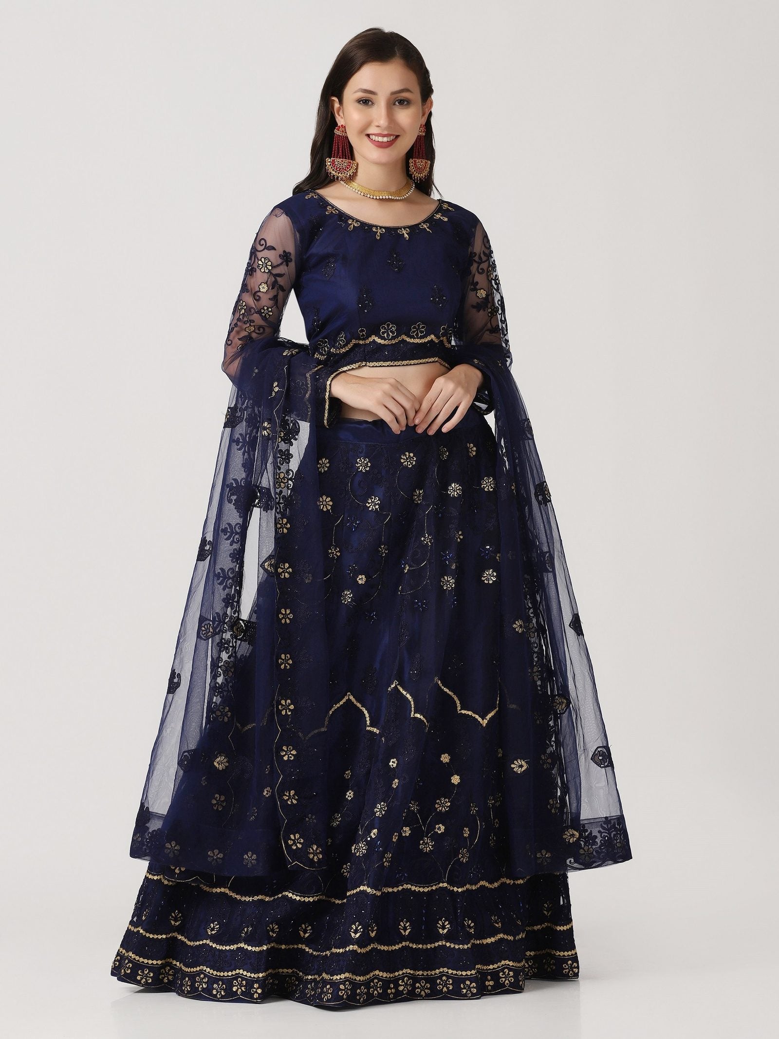 Navy Blue Festive Wear Semi-Stitched Net Lehenga Choli with Floral Motifs Thread Embroidered Work