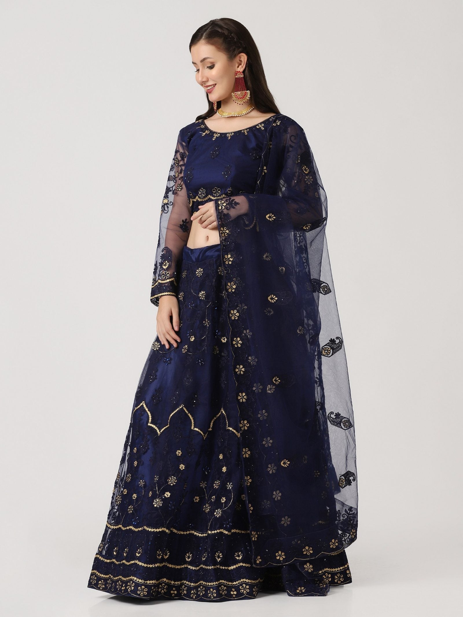 Navy Blue Festive Wear Semi-Stitched Net Lehenga Choli with Floral Motifs Thread Embroidered Work
