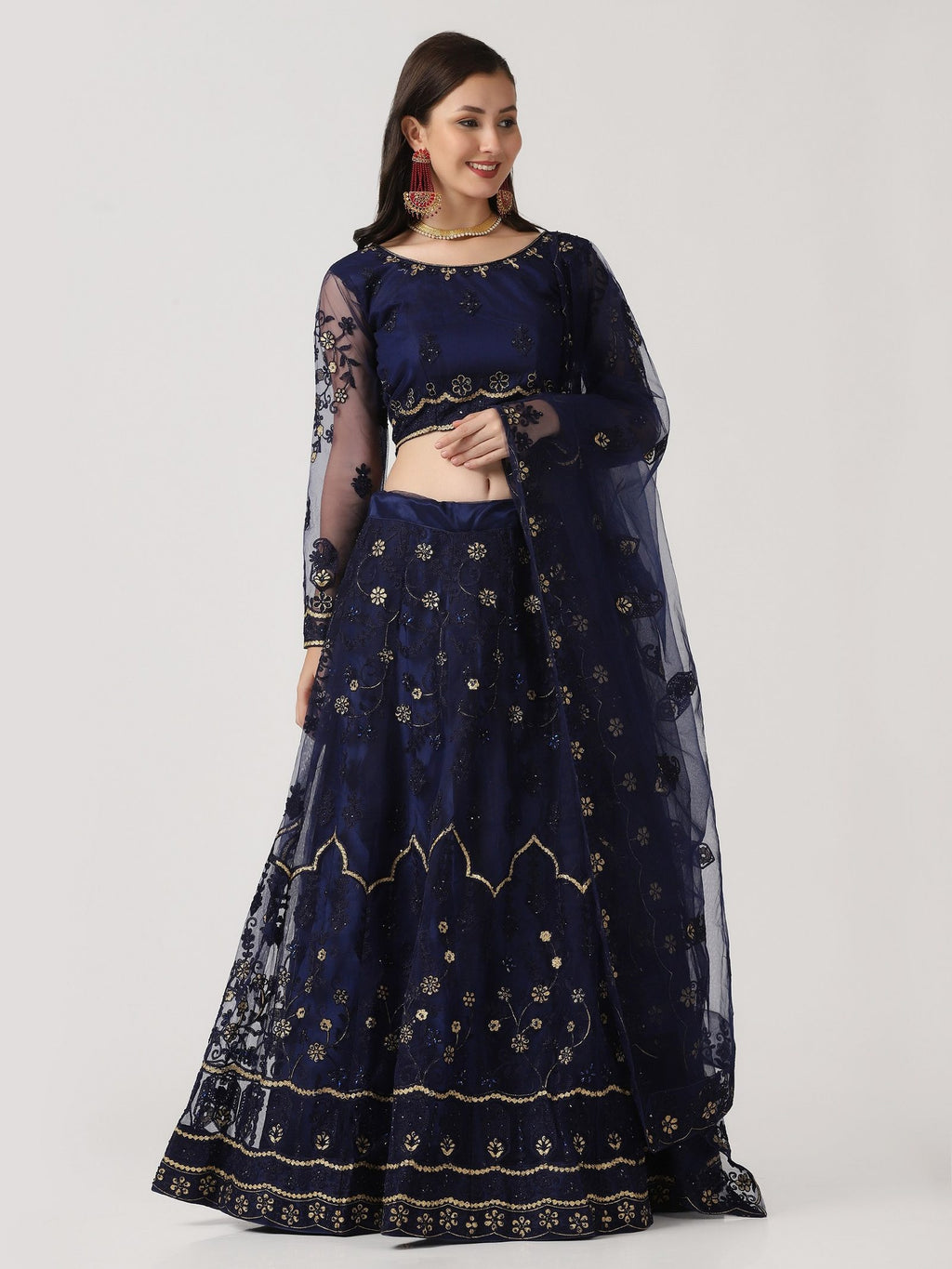 Navy Blue Festive Wear Semi-Stitched Net Lehenga Choli with Floral Motifs Thread Embroidered Work