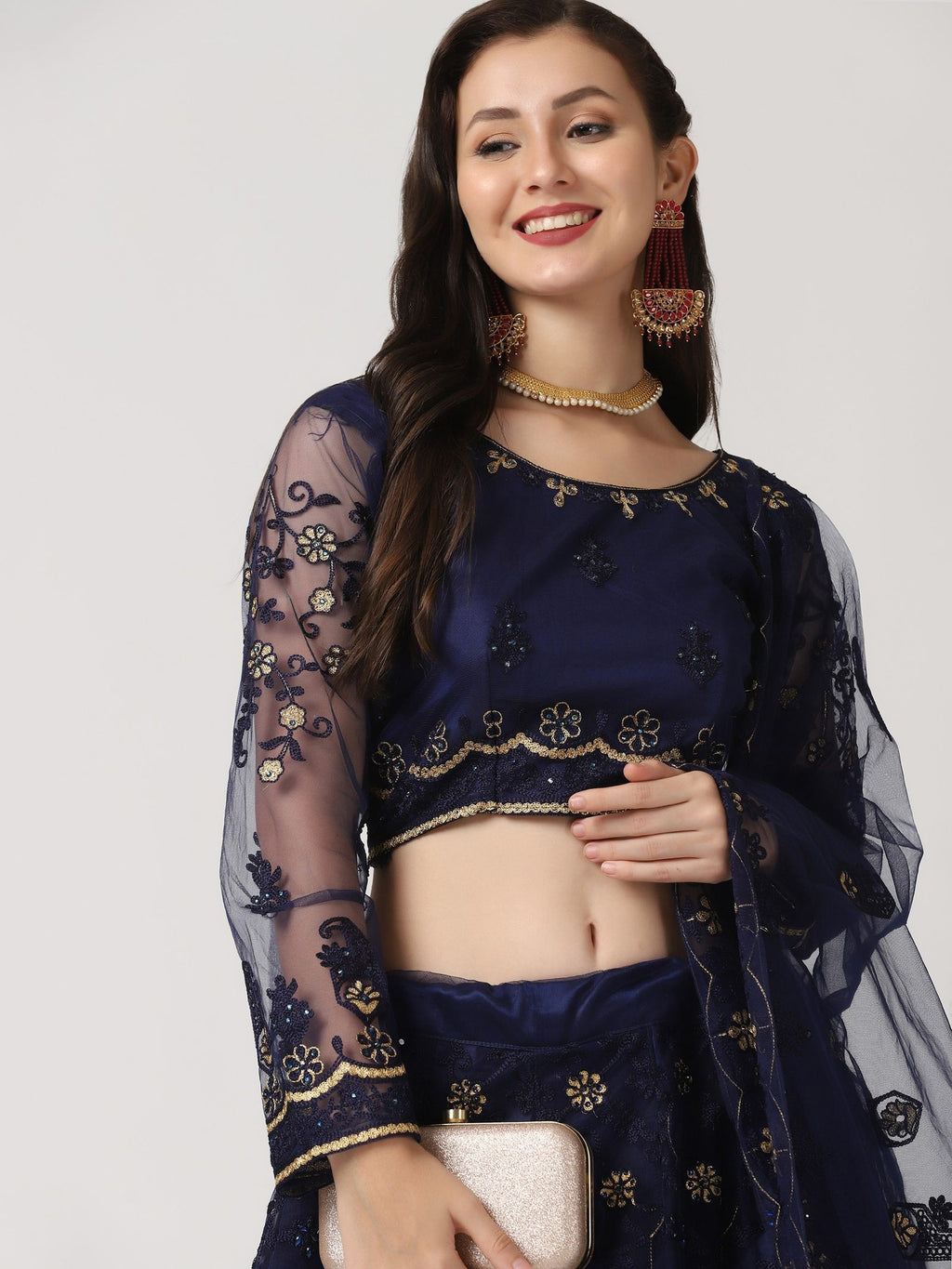 Navy Blue Festive Wear Semi-Stitched Net Lehenga Choli with Floral Motifs Thread Embroidered Work