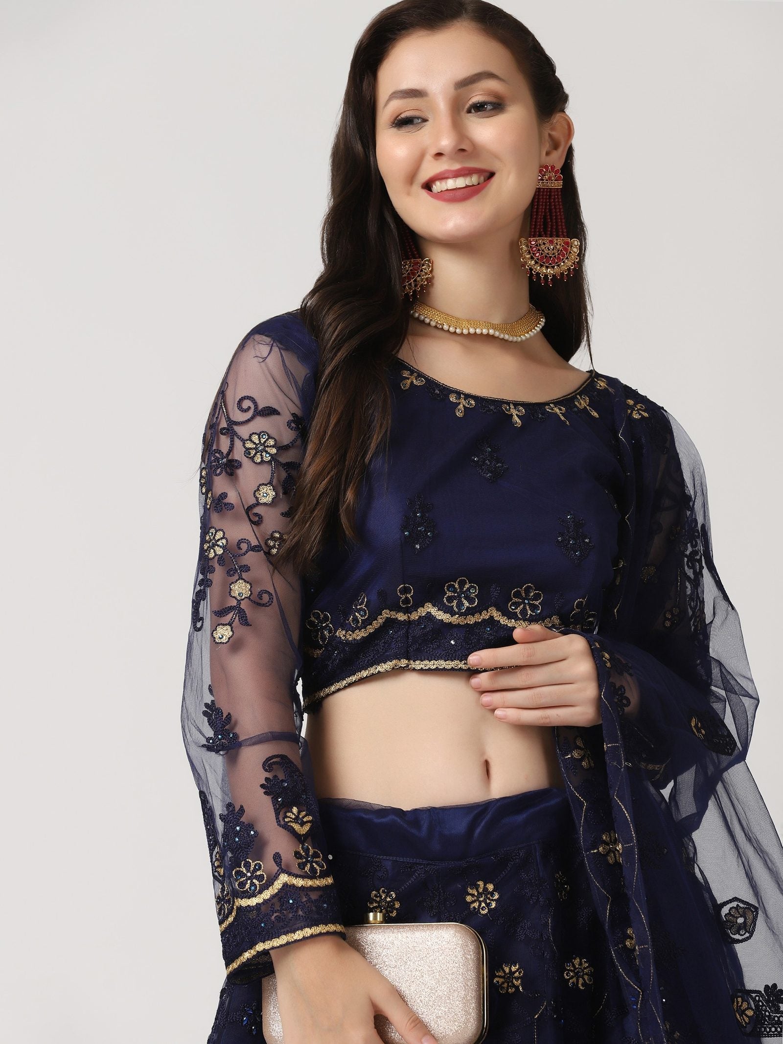 Navy Blue Festive Wear Semi-Stitched Net Lehenga Choli with Floral Motifs Thread Embroidered Work