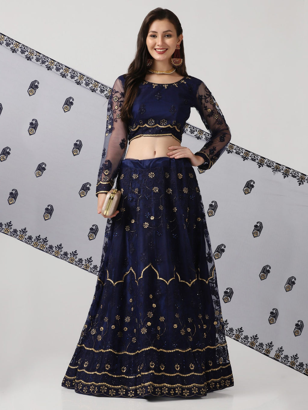 Navy Blue Festive Wear Semi-Stitched Net Lehenga Choli with Floral Motifs Thread Embroidered Work