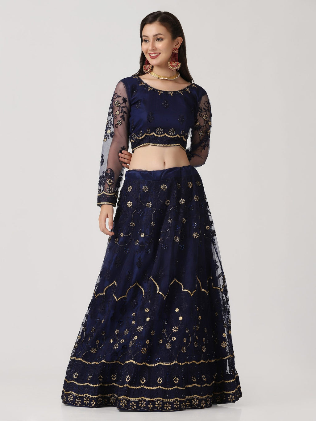 Navy Blue Festive Wear Semi-Stitched Net Lehenga Choli with Floral Motifs Thread Embroidered Work
