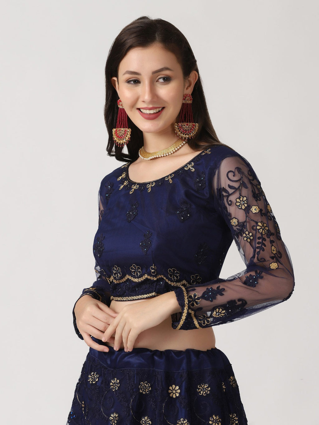 Navy Blue Festive Wear Semi-Stitched Net Lehenga Choli with Floral Motifs Thread Embroidered Work