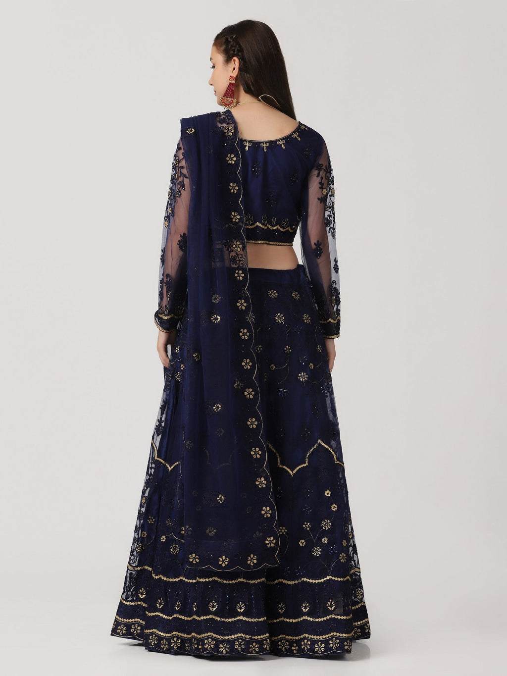 Navy Blue Festive Wear Semi-Stitched Net Lehenga Choli with Floral Motifs Thread Embroidered Work