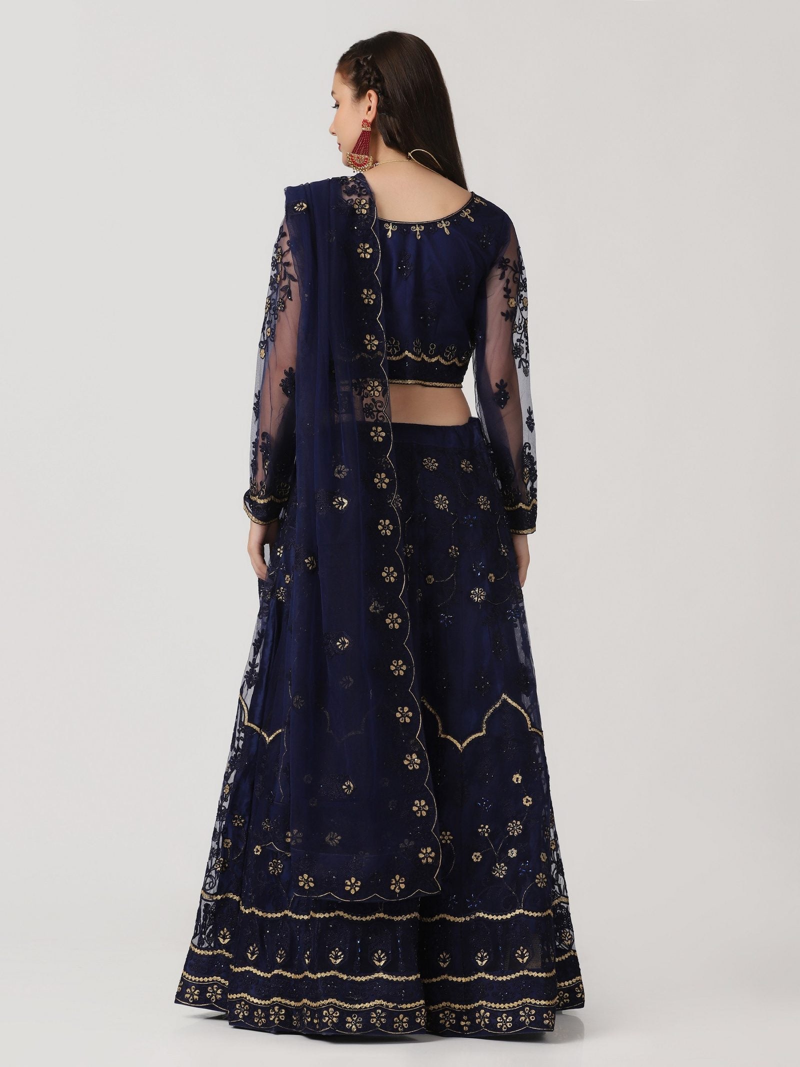 Navy Blue Festive Wear Semi-Stitched Net Lehenga Choli with Floral Motifs Thread Embroidered Work