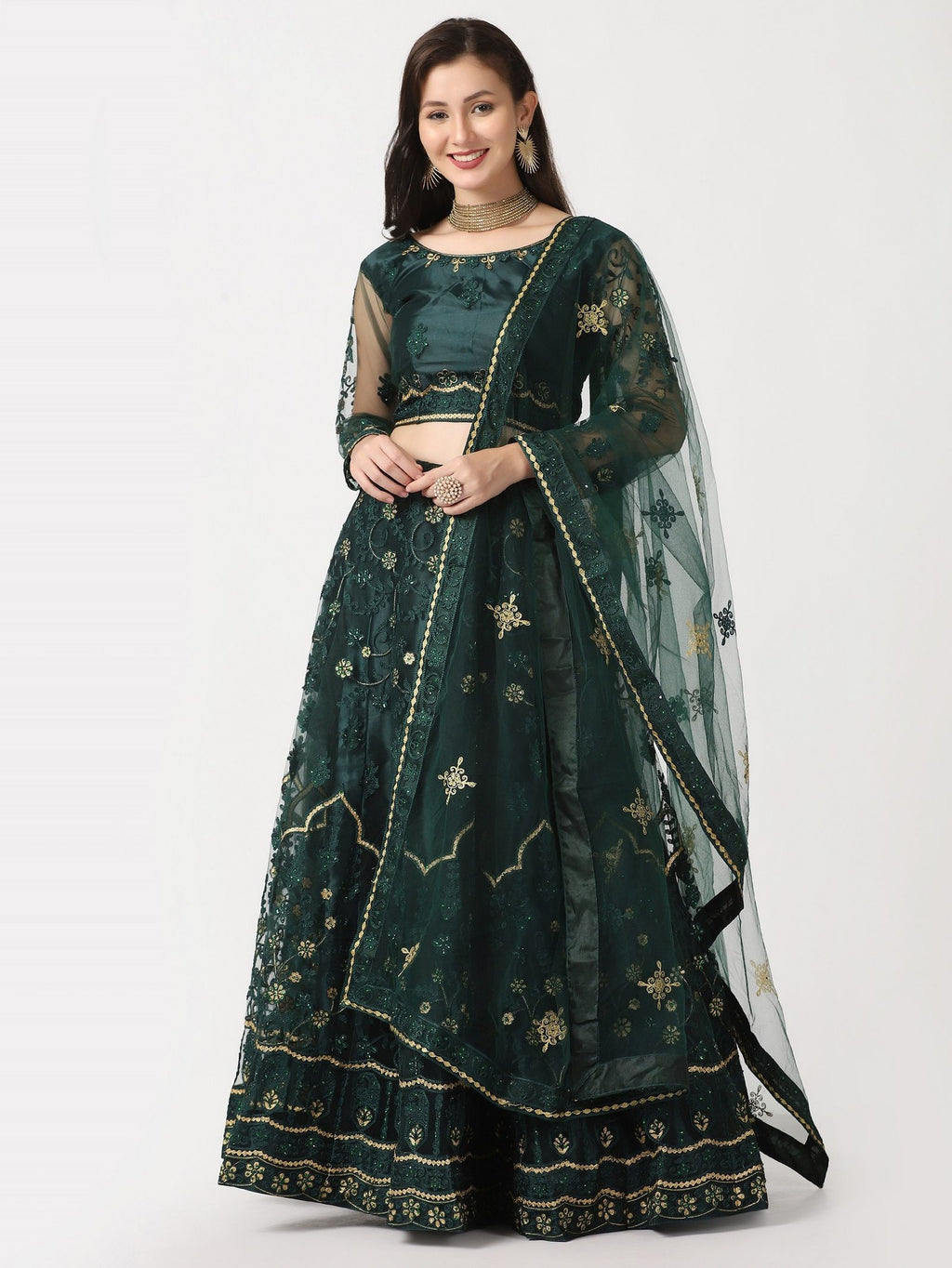 Green Festive Wear Semi-Stitched Net Lehenga Choli with Floral Motifs Thread Embroidered Work