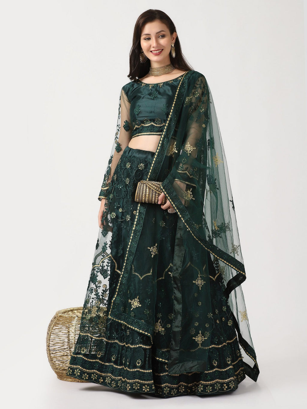Green Festive Wear Semi-Stitched Net Lehenga Choli with Floral Motifs Thread Embroidered Work