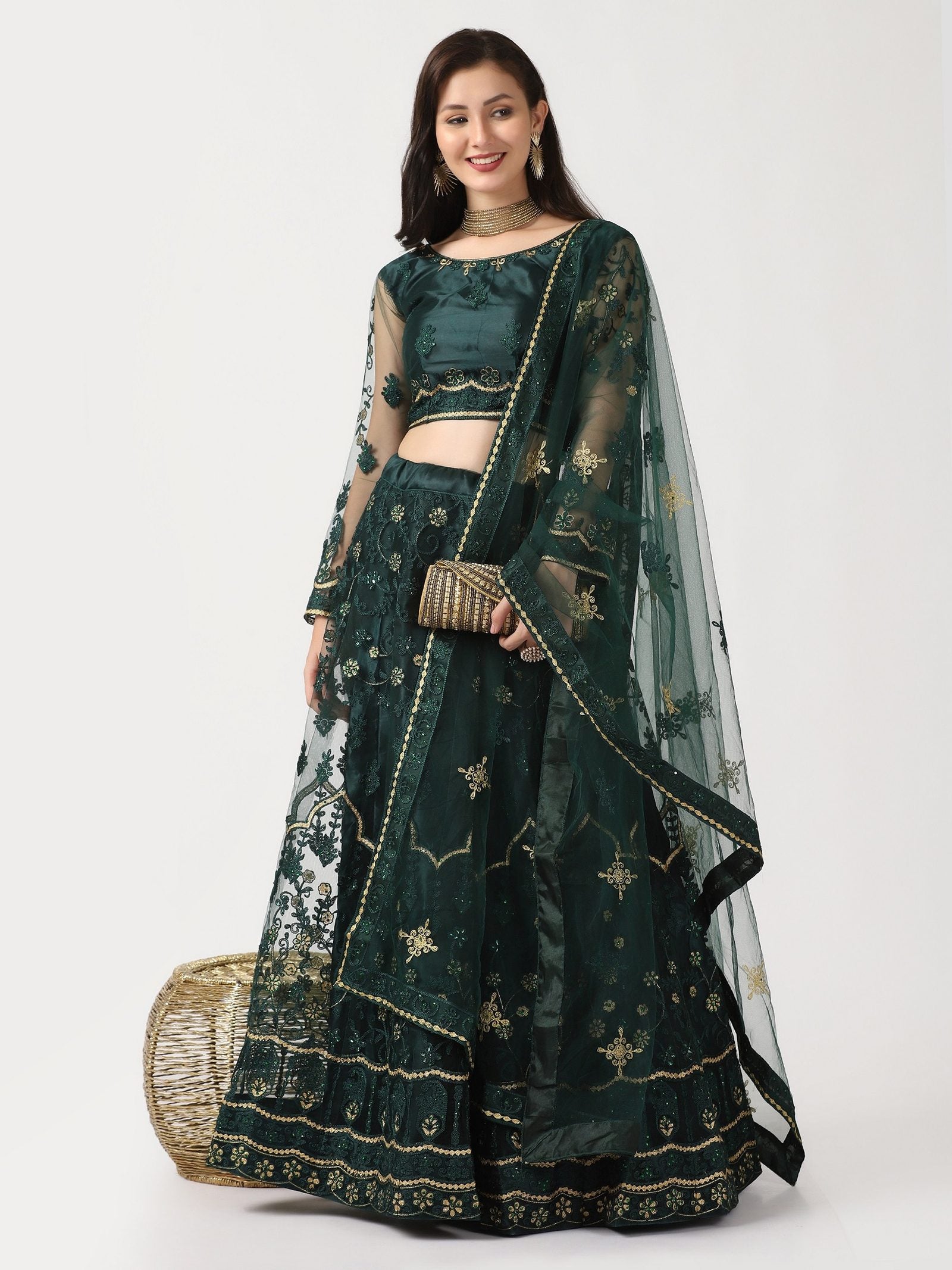 Green Festive Wear Semi-Stitched Net Lehenga Choli with Floral Motifs Thread Embroidered Work