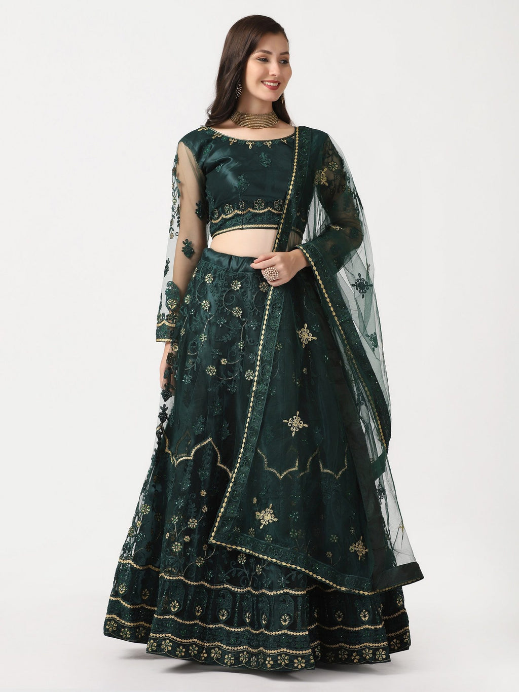 Green Festive Wear Semi-Stitched Net Lehenga Choli with Floral Motifs Thread Embroidered Work
