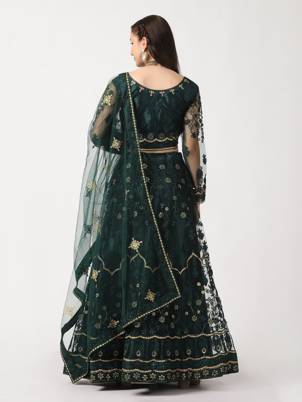 Green Festive Wear Semi-Stitched Net Lehenga Choli with Floral Motifs Thread Embroidered Work