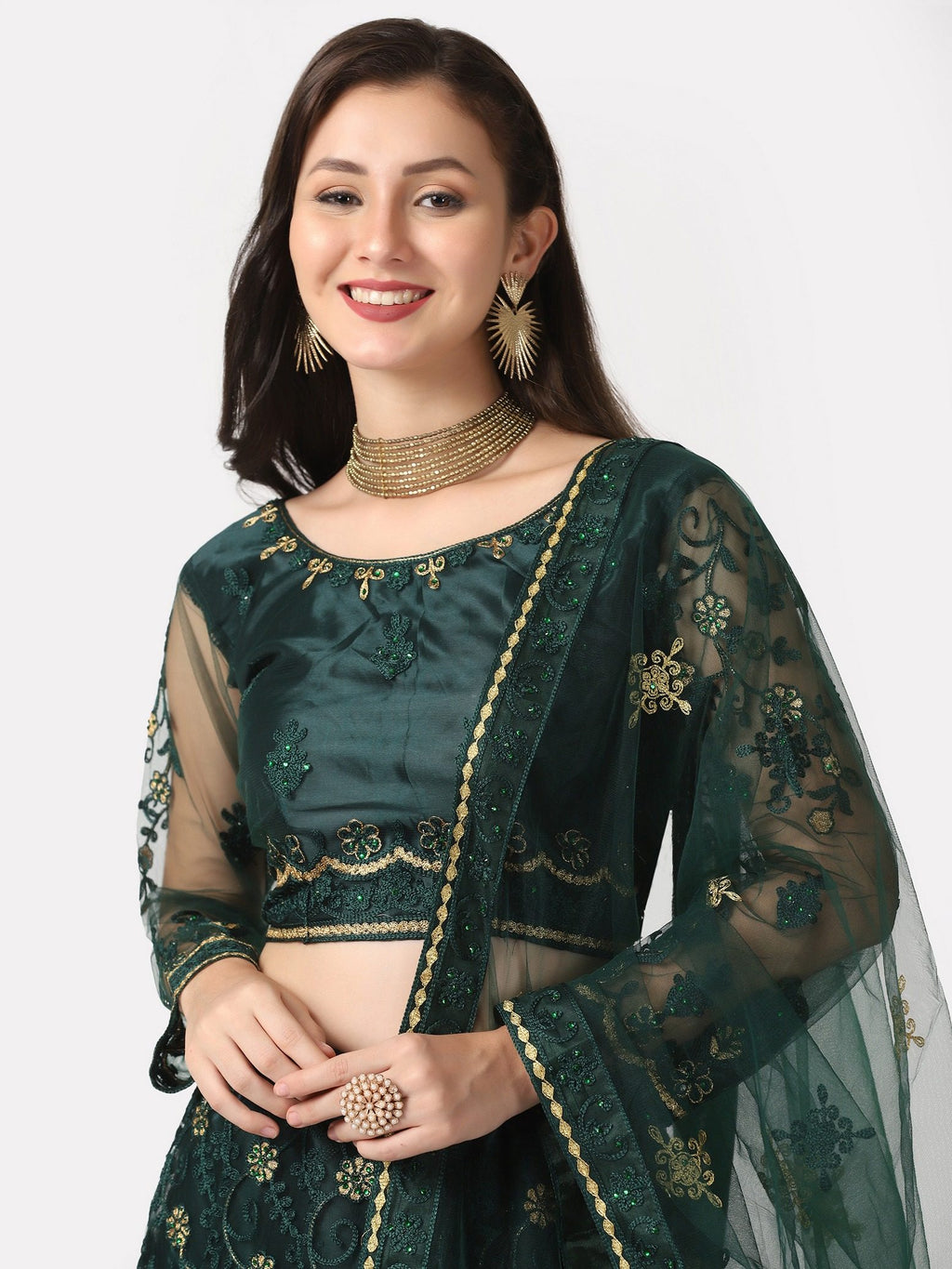 Green Festive Wear Semi-Stitched Net Lehenga Choli with Floral Motifs Thread Embroidered Work