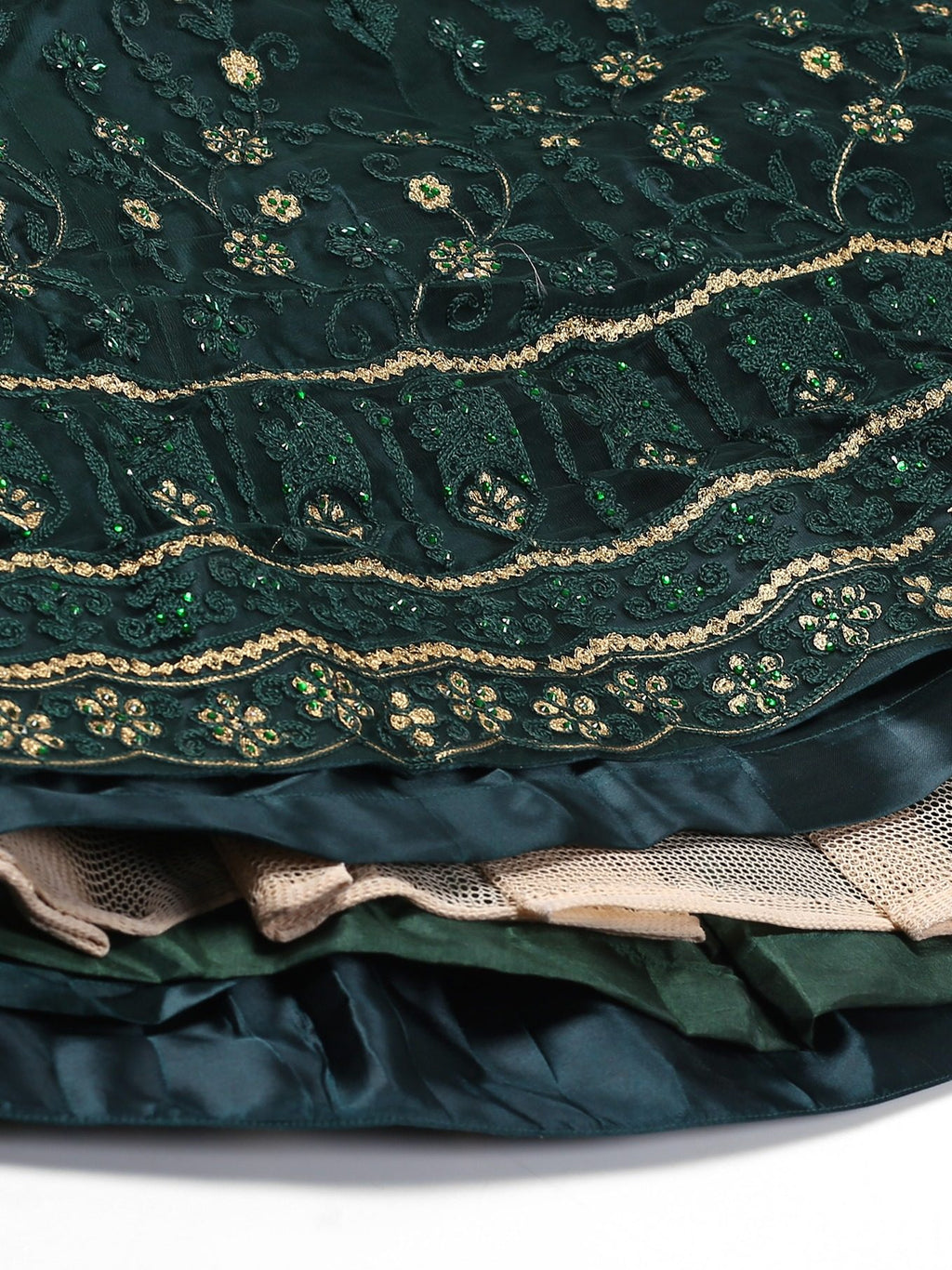 Green Festive Wear Semi-Stitched Net Lehenga Choli with Floral Motifs Thread Embroidered Work