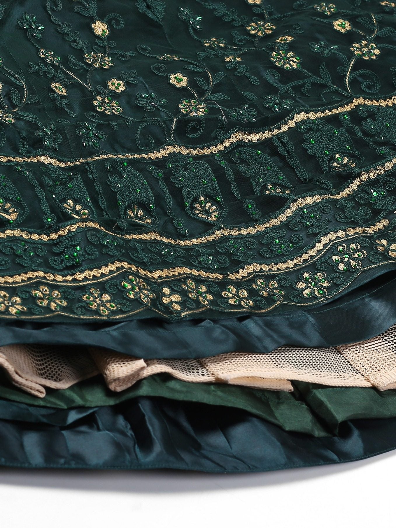 Green Festive Wear Semi-Stitched Net Lehenga Choli with Floral Motifs Thread Embroidered Work