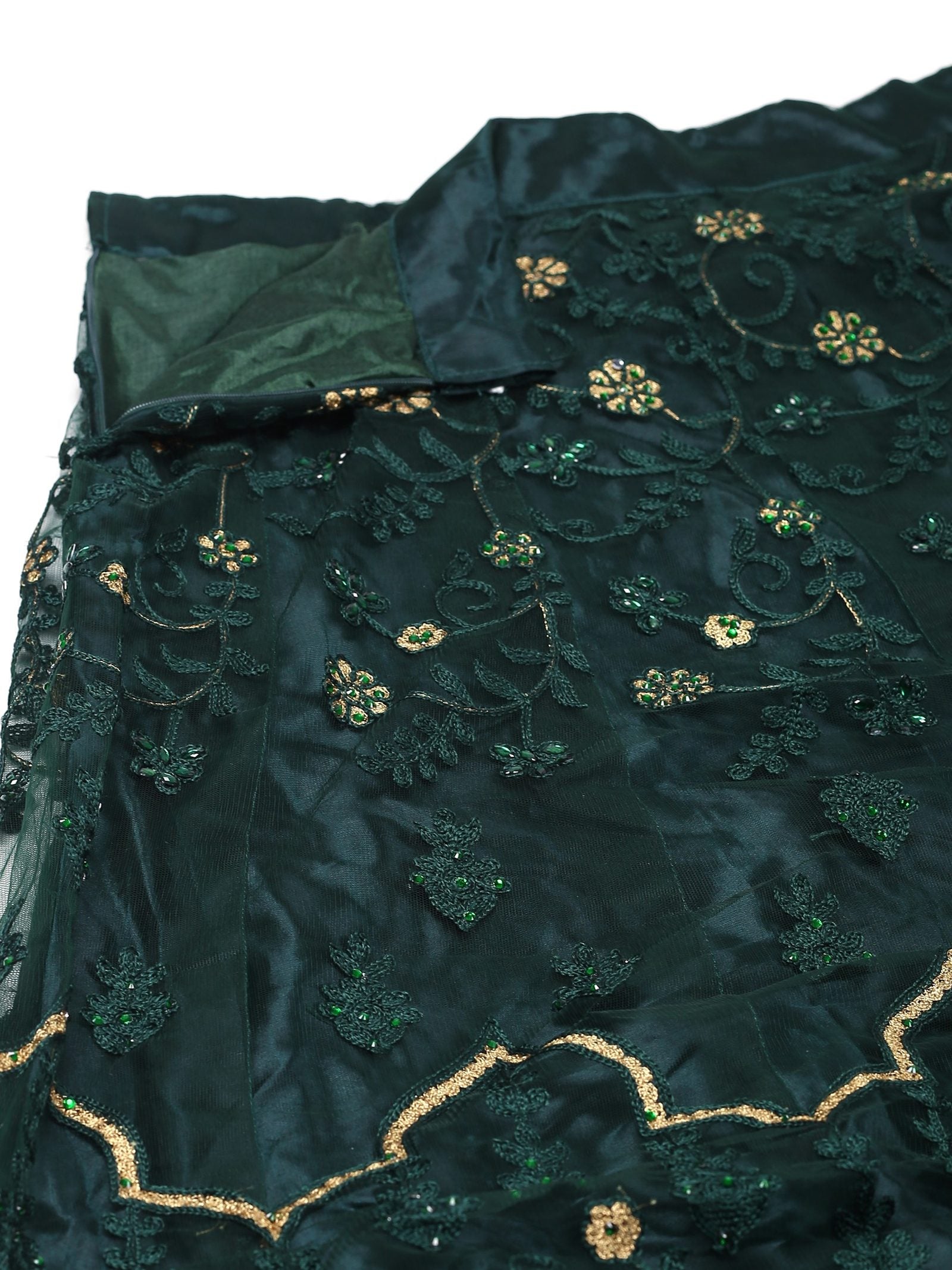 Green Festive Wear Semi-Stitched Net Lehenga Choli with Floral Motifs Thread Embroidered Work