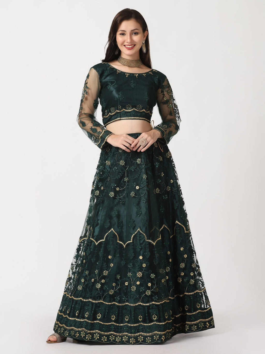 Green Festive Wear Semi-Stitched Net Lehenga Choli with Floral Motifs Thread Embroidered Work