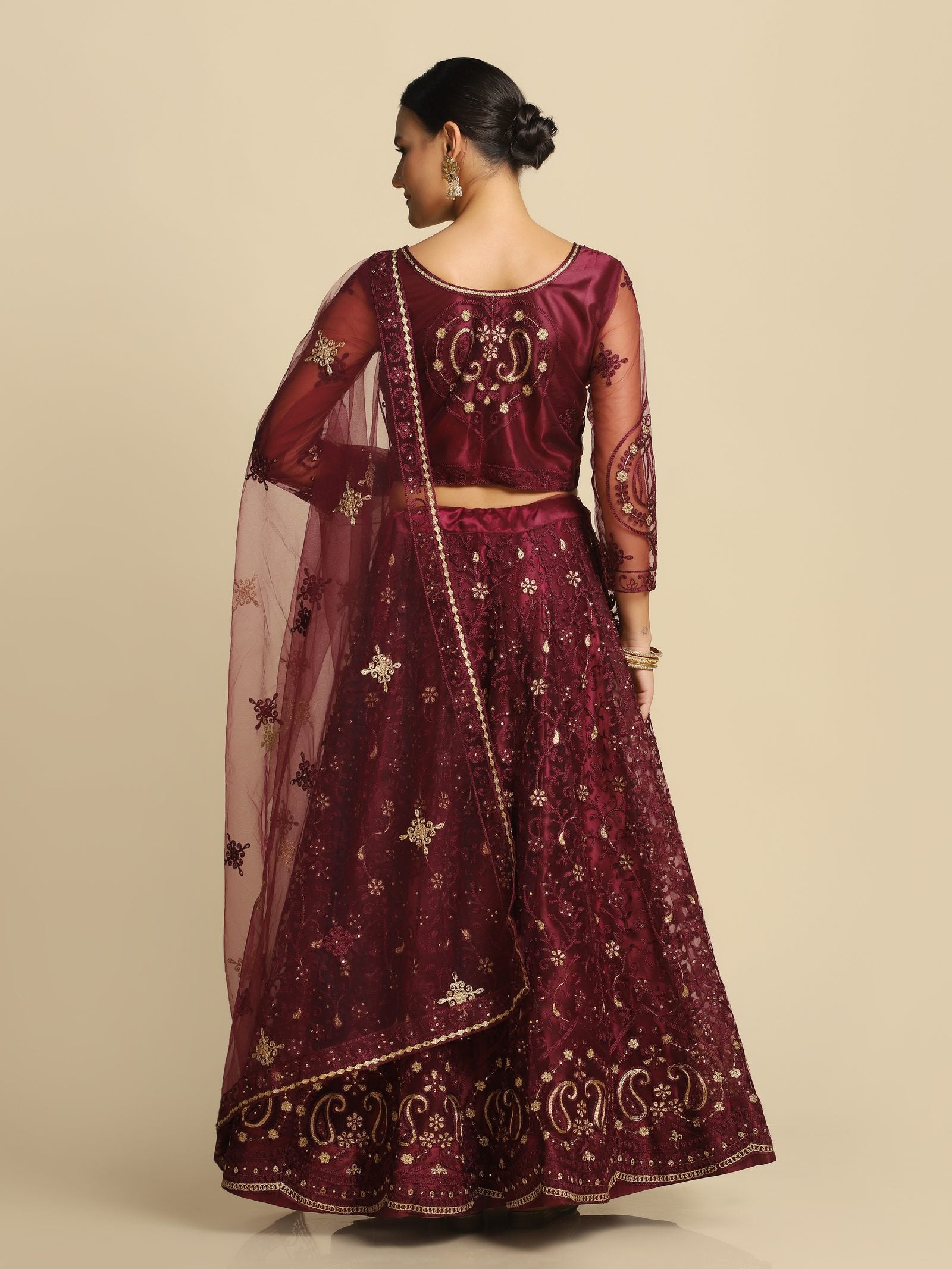 Purple Festive Wear Semi-Stitched Net Lehenga Choli with Floral Motifs Thread Embroidered Work