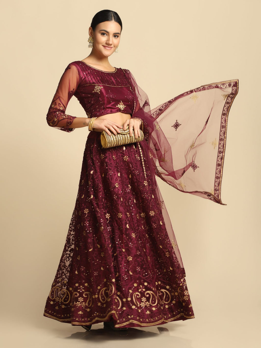Purple Festive Wear Semi-Stitched Net Lehenga Choli with Floral Motifs Thread Embroidered Work