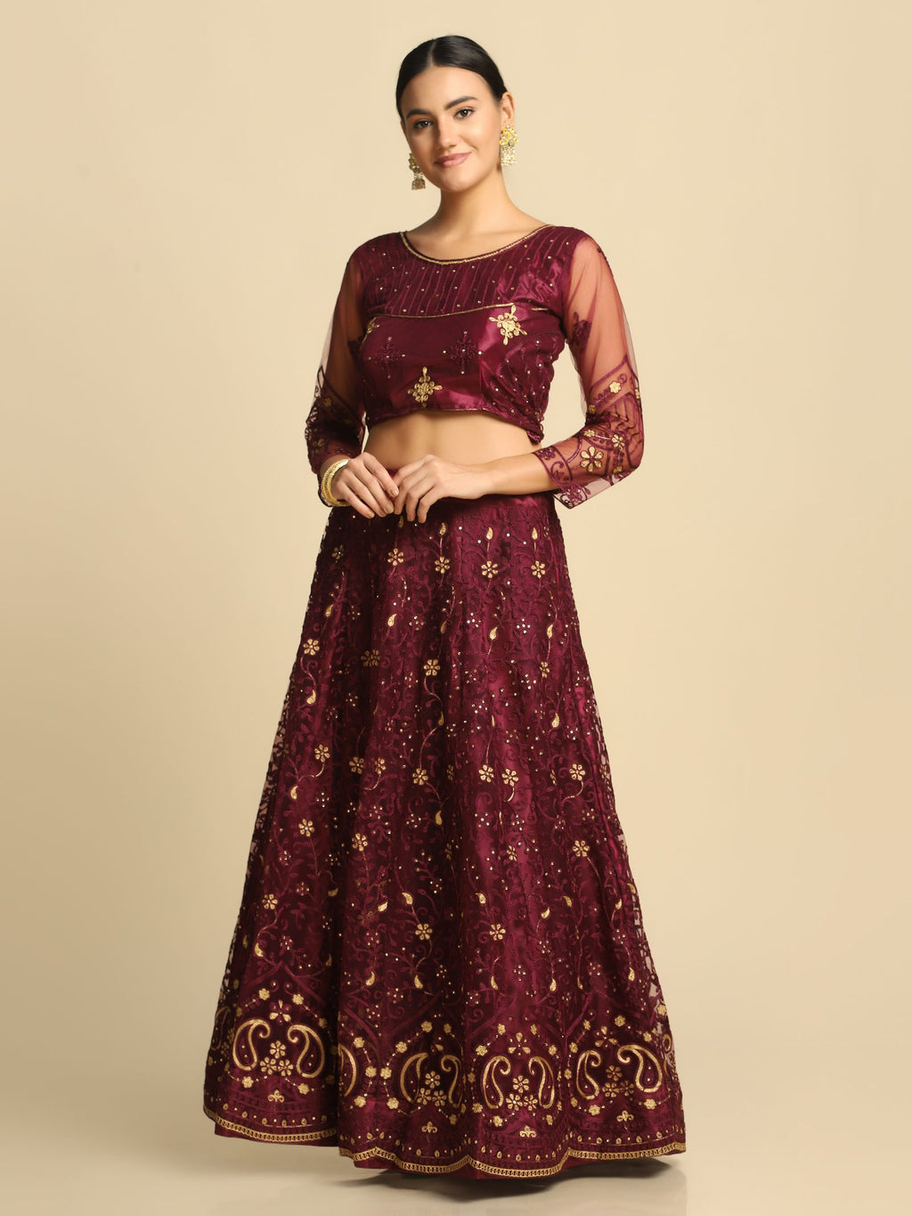 Purple Festive Wear Semi-Stitched Net Lehenga Choli with Floral Motifs Thread Embroidered Work