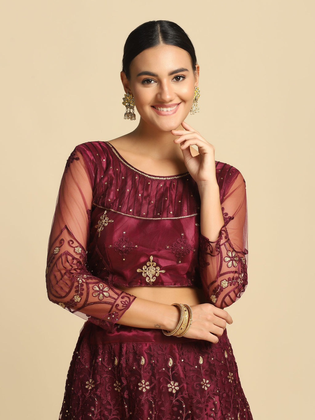 Purple Festive Wear Semi-Stitched Net Lehenga Choli with Floral Motifs Thread Embroidered Work