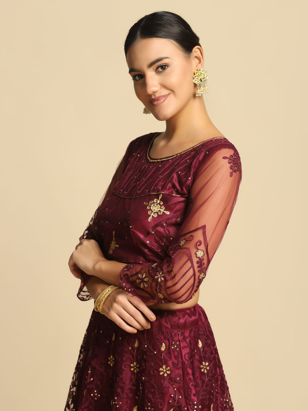 Purple Festive Wear Semi-Stitched Net Lehenga Choli with Floral Motifs Thread Embroidered Work