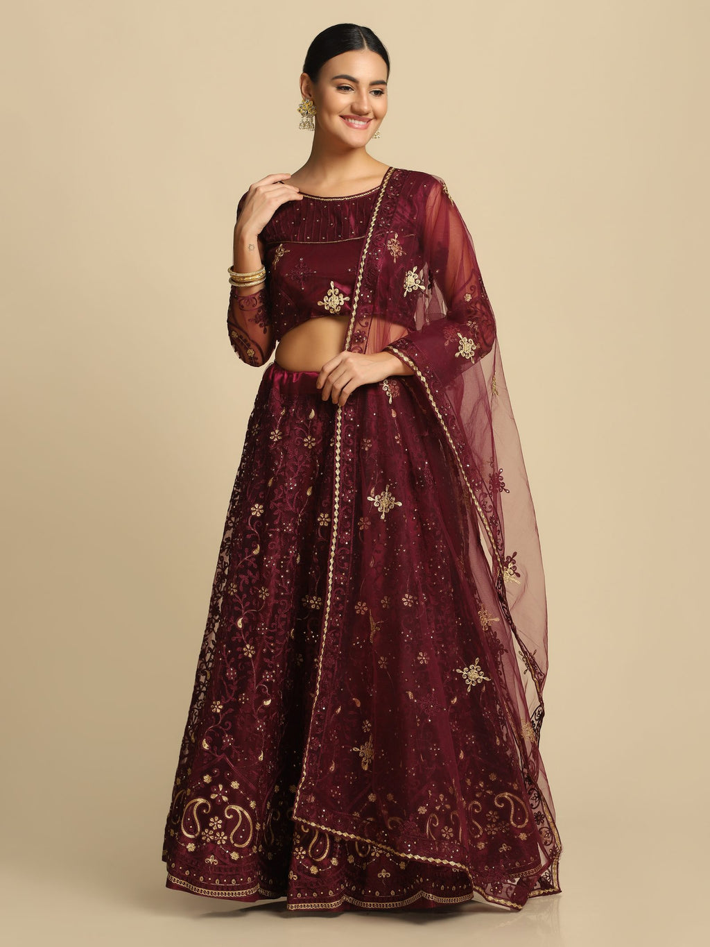 Purple Festive Wear Semi-Stitched Net Lehenga Choli with Floral Motifs Thread Embroidered Work