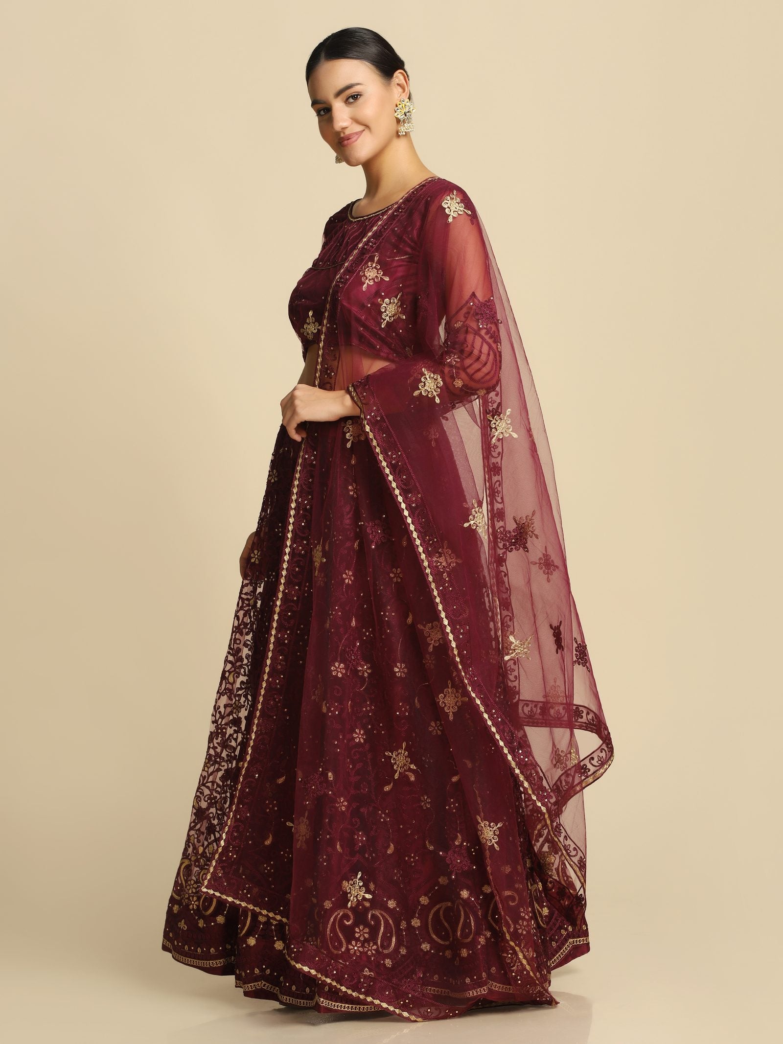 Purple Festive Wear Semi-Stitched Net Lehenga Choli with Floral Motifs Thread Embroidered Work