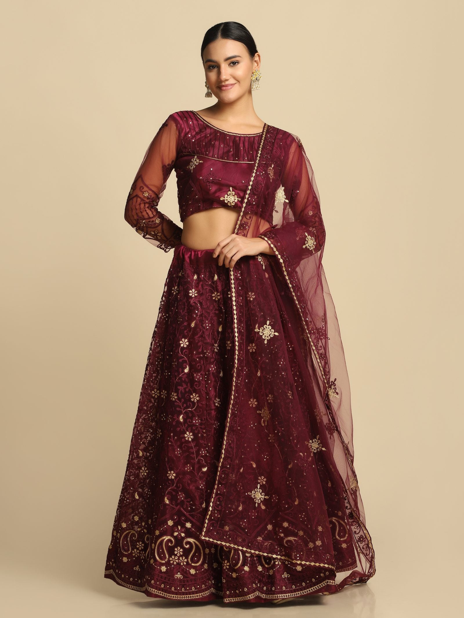 Purple Festive Wear Semi-Stitched Net Lehenga Choli with Floral Motifs Thread Embroidered Work