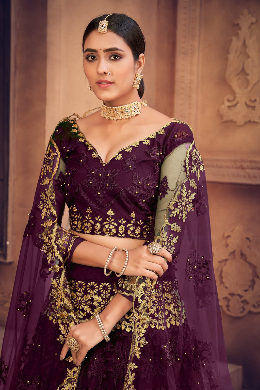 Royal Wine Purple Embroidered Bridal & Wedding Wear Semi-Stitched Net Lehenga Choli with Dupatta Work