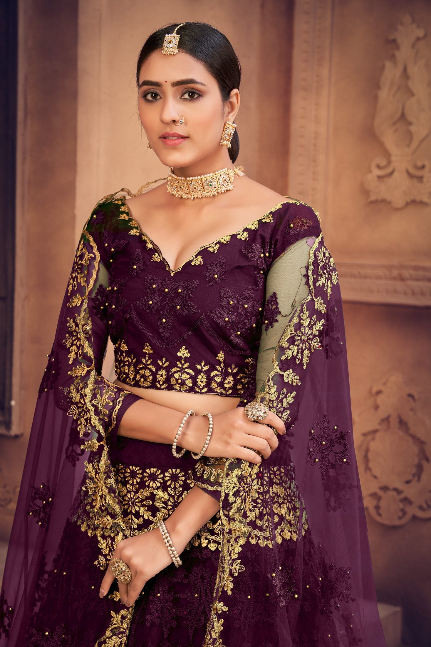Royal Wine Purple Embroidered Bridal & Wedding Wear Semi-Stitched Net Lehenga Choli with Dupatta Work