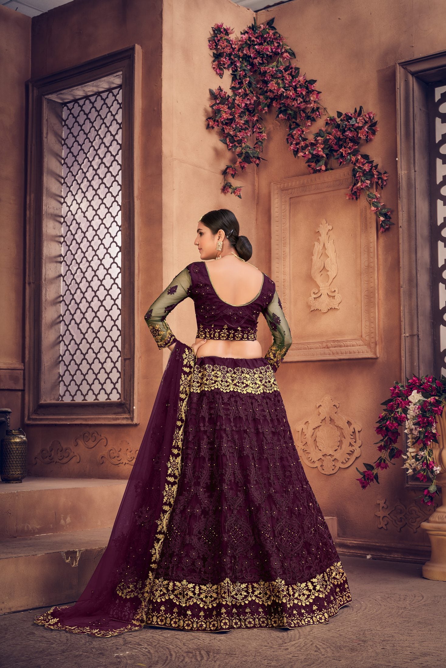 Royal Wine Purple Embroidered Bridal & Wedding Wear Semi-Stitched Net Lehenga Choli with Dupatta Work