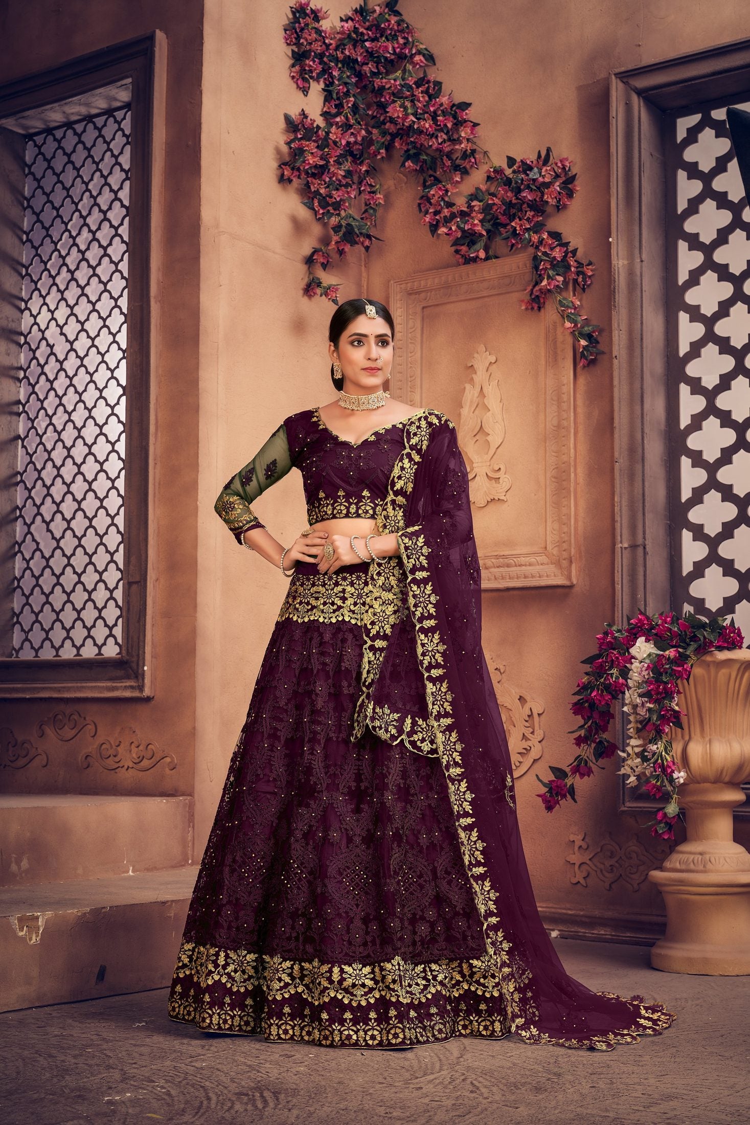 Royal Wine Purple Embroidered Bridal & Wedding Wear Semi-Stitched Net Lehenga Choli with Dupatta Work