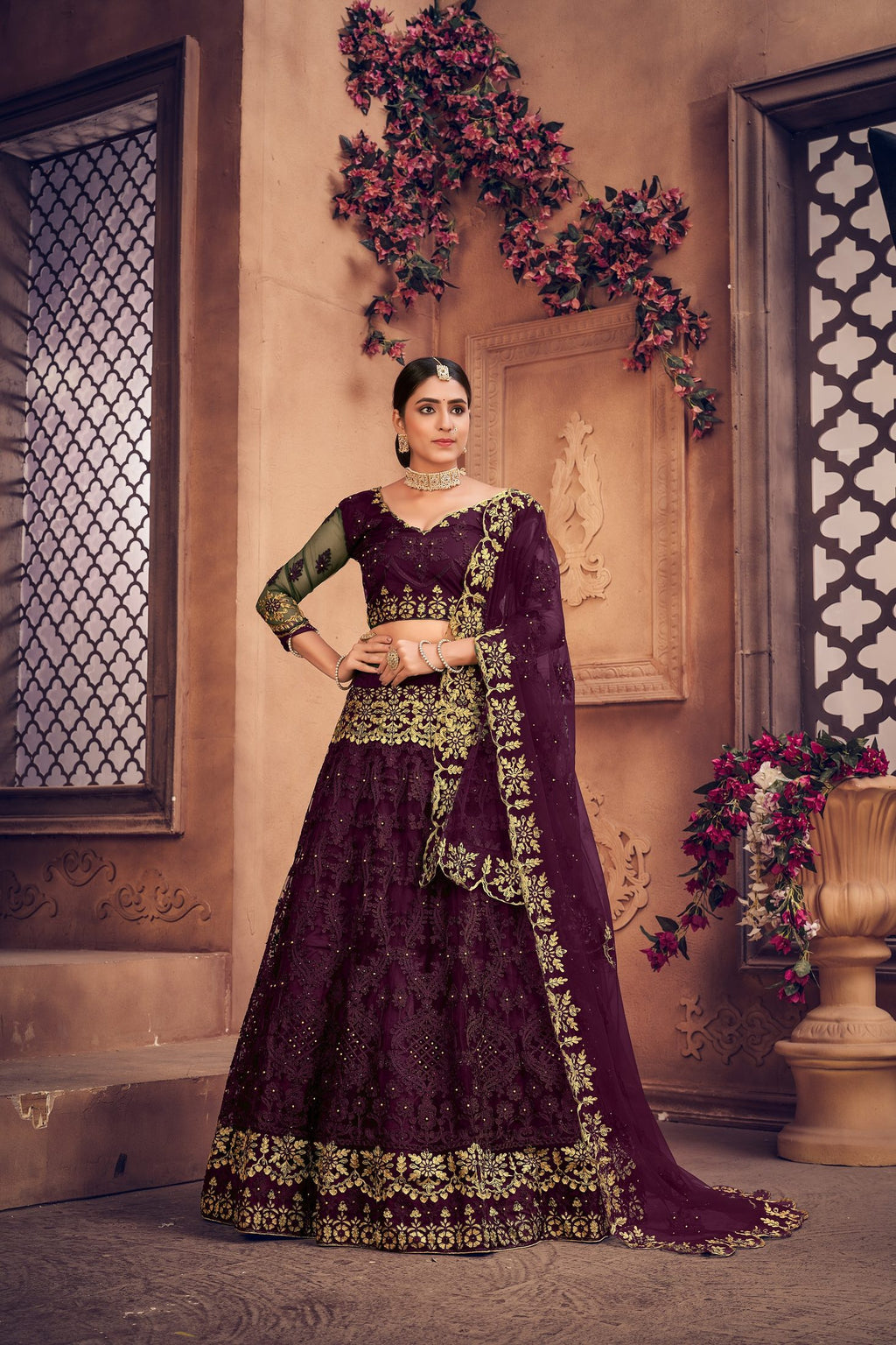 Royal Wine Purple Embroidered Bridal & Wedding Wear Semi-Stitched Net Lehenga Choli with Dupatta Work