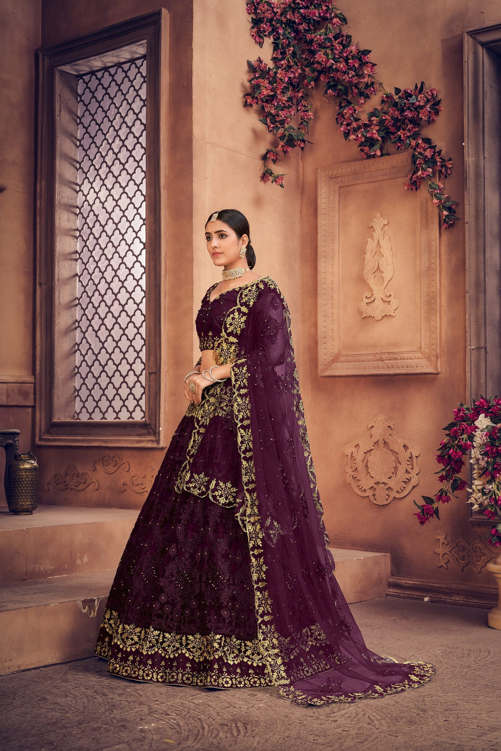 Royal Wine Purple Embroidered Bridal & Wedding Wear Semi-Stitched Net Lehenga Choli with Dupatta Work