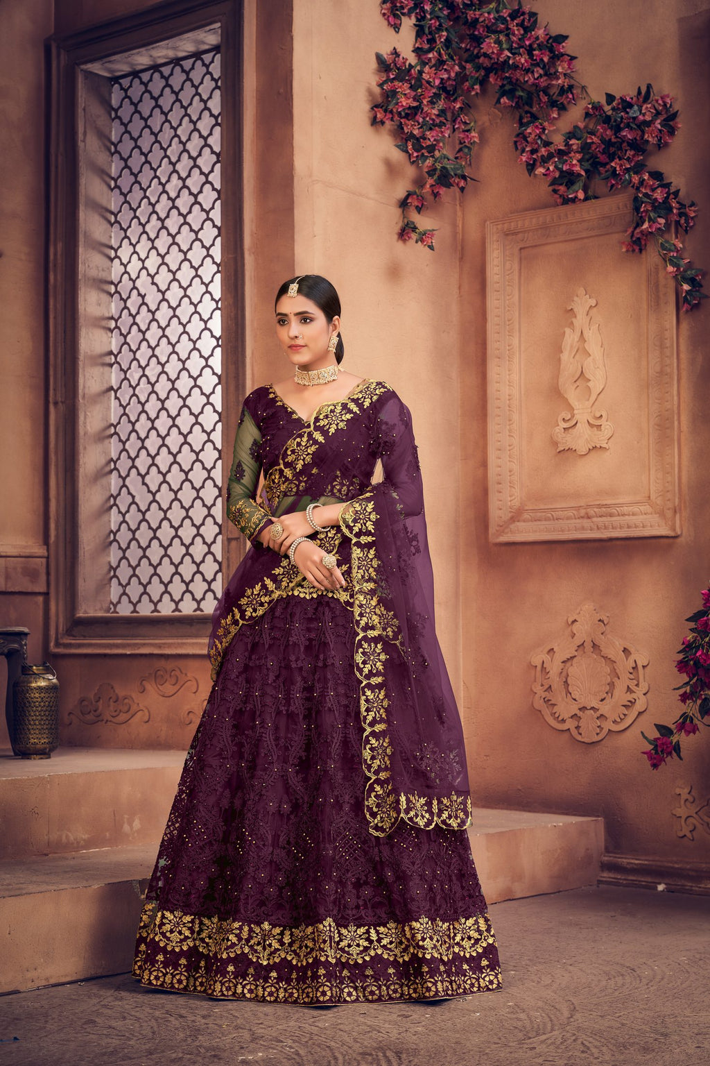 Royal Wine Purple Embroidered Bridal & Wedding Wear Semi-Stitched Net Lehenga Choli with Dupatta Work