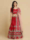 Elegant Coral Red Festive & Wedding Wear Semi-Stitched Silk Blend Lehenga Choli with Embroidery & Thread Work