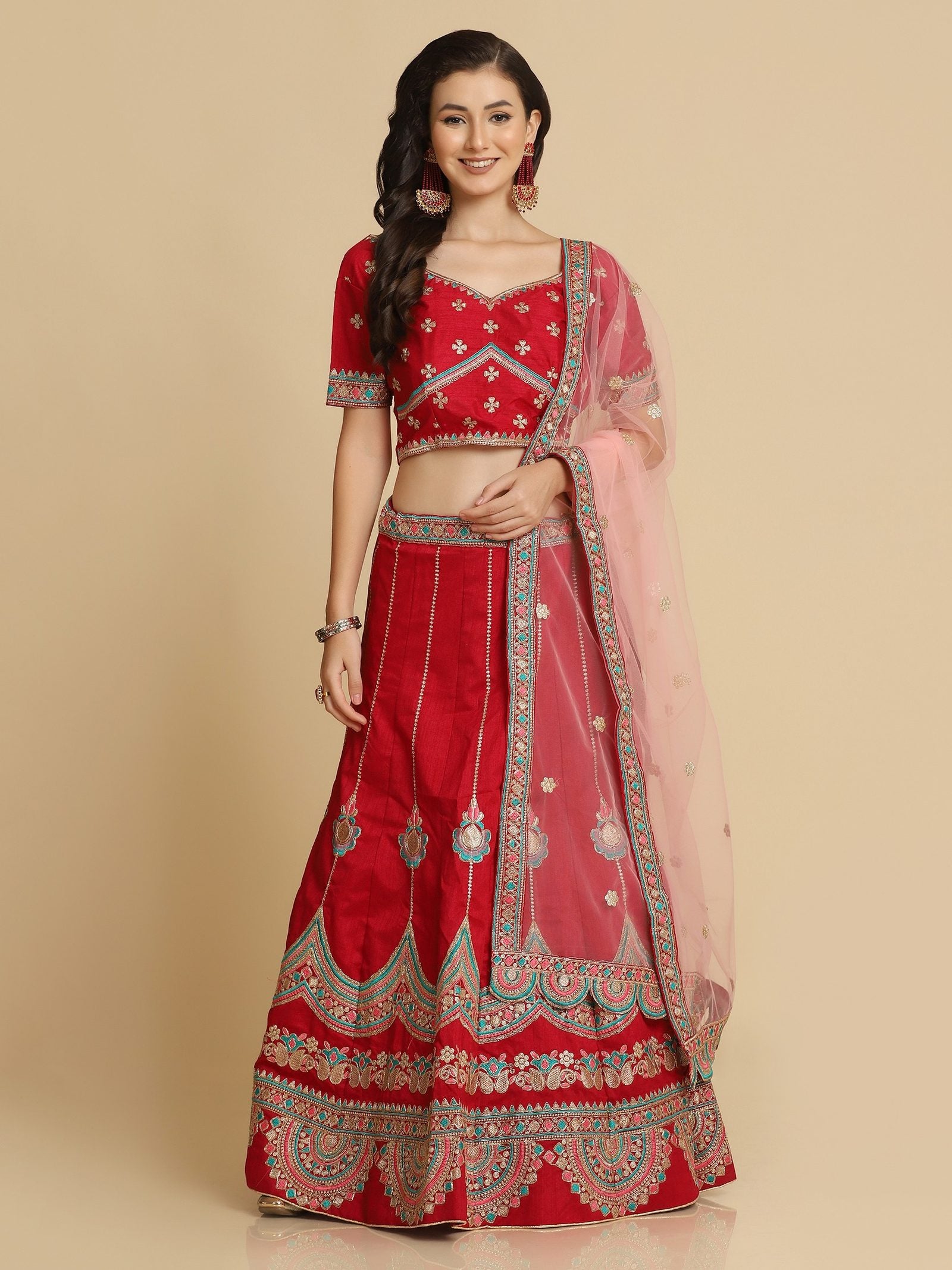 Elegant Coral Red Festive & Wedding Wear Semi-Stitched Silk Blend Lehenga Choli with Embroidery & Thread Work